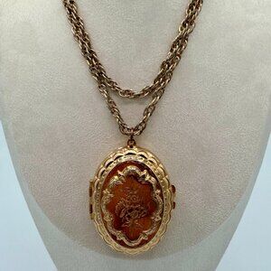 Large VTG Gold Tone Oval Locket Necklace | Ornate Floral Engraving | Approx. 22"